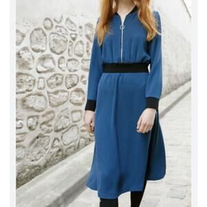 Cop Copine Womens Estra Dress 42(10-12) Quiet Luxury Minimalist Modest Midi Blue